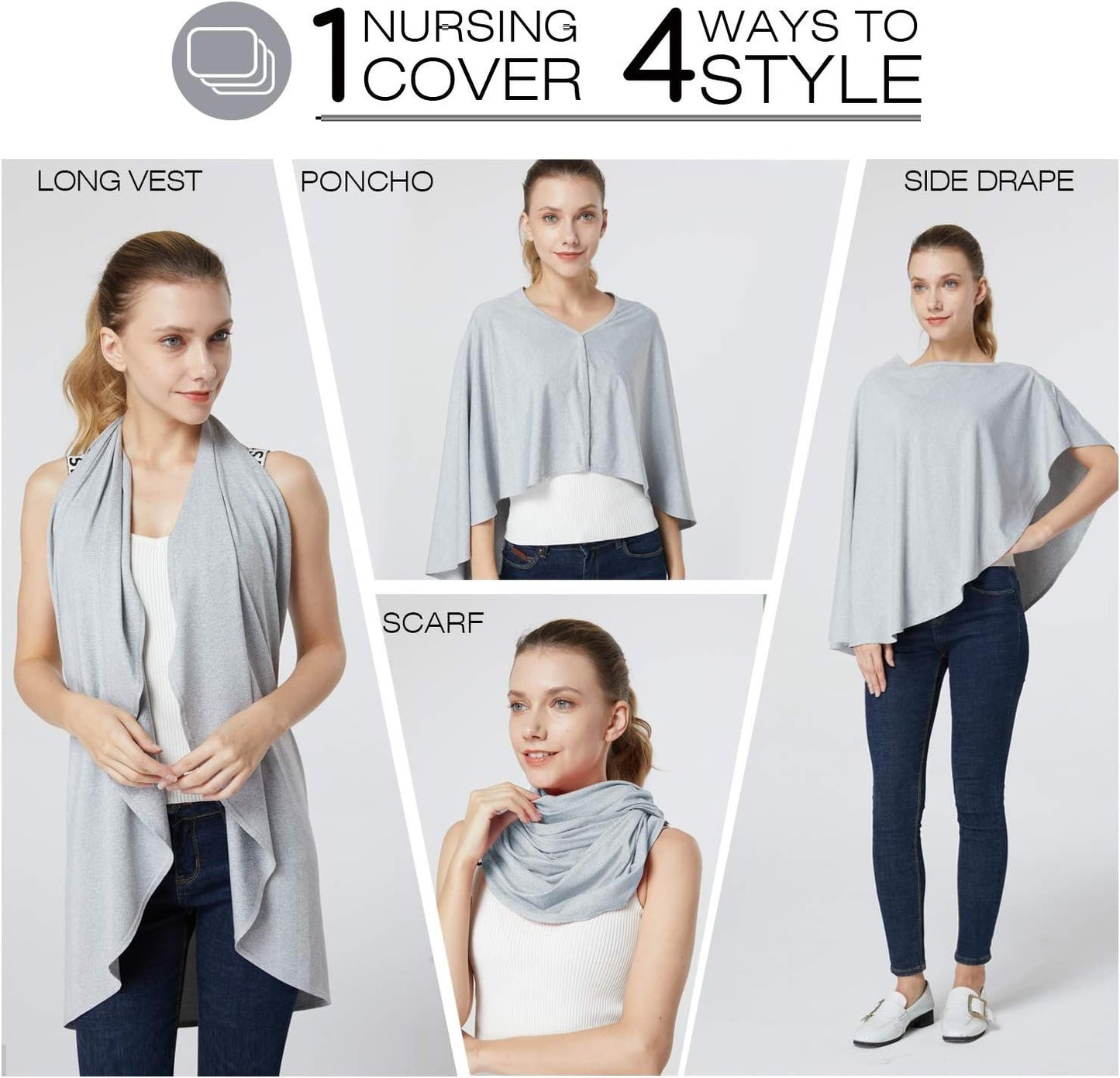 Nursing Cover & Baby Nursing Poncho,Multi Use Breastfeeding Cover for CarSeat Canopy, High Seat Cover, Stroller Cover, Shopping Cart Cover,Nursing Scarf for Boy and Girl by Kefee Kol (Grey)
