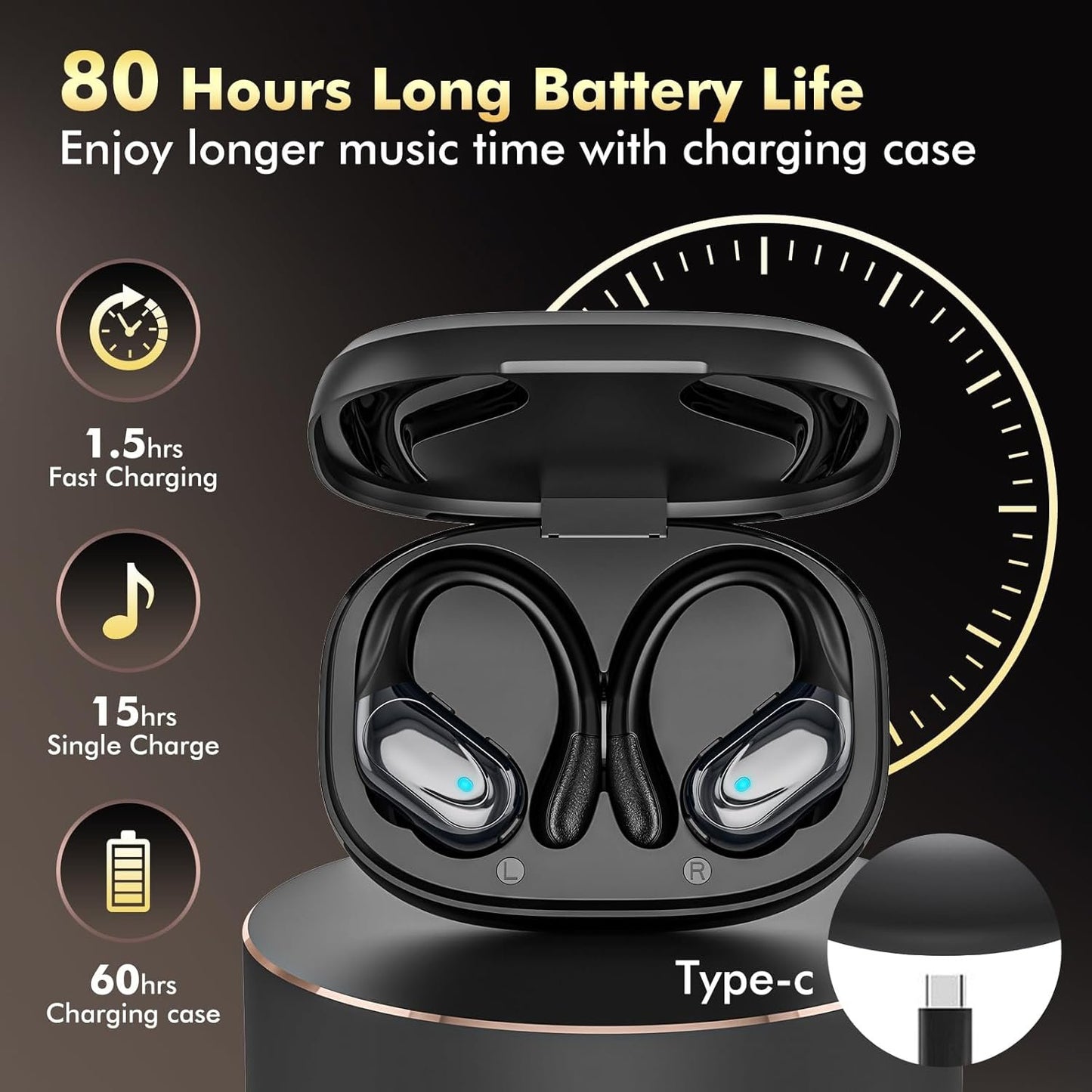 Catitru Wireless Earbuds, Sports Bluetooth Headphones, Over Ear Buds with 80hr Playtime, Noise Canceling, LED Power Display, IPX7 Waterproof for Workout/Running Black