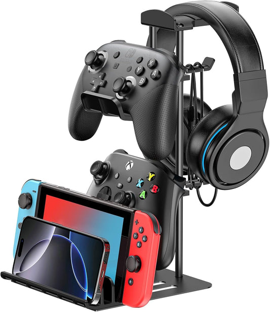 KDD Headphone Stand, Game Controller Holder & Headset Holder for Desk, Earphone Stand with Aluminum Supporting Bar, Universal Storage Organizer Headphones/Controller/Switch/iPad/Mobile Phone