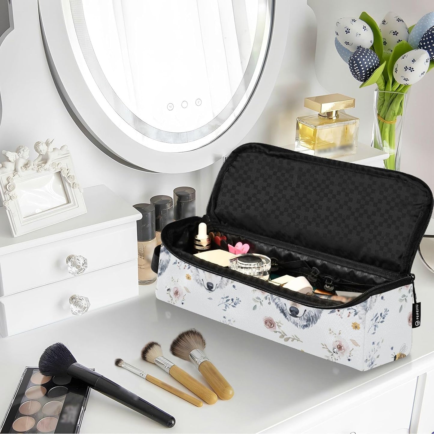 Borsa da viaggio estetica con lupi carini per capelli da donna con cuscinetto resistente al calore Strumenti di riscaldamento Borsa da viaggio Organizer per utensili caldi e accessori per la cura dei