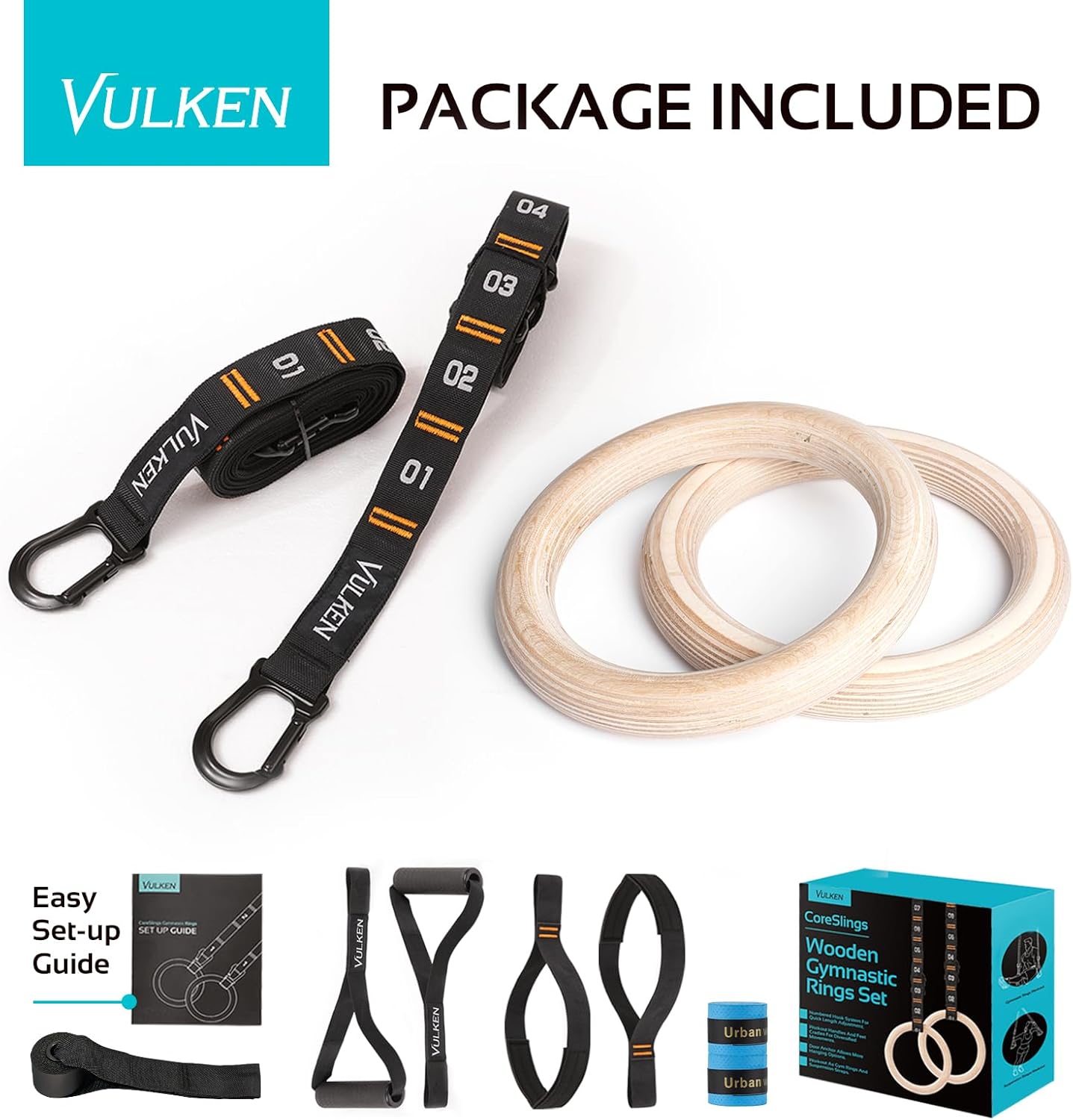 Vulken Wooden Gymnastic Rings with Adjustable Numbered Straps. 1.25'' Olympic Rings for Core Workout, Crossfit, Bodyweight Training. Home Gym Rings with 8.5ft Exercise Straps and Workout Handles.