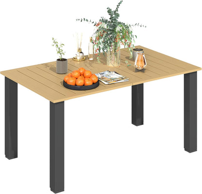 Outsunny 59" Outdoor Dining Table with Umbrella Hole for 6 People, Rectangle Patio Table with Slatted Metal Tabletop, Steel Frame for Backyard Garden Lawn Balcony, Brown