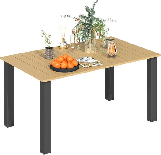 Outsunny 59" Outdoor Dining Table with Umbrella Hole for 6 People, Rectangle Patio Table with Slatted Metal Tabletop, Steel Frame for Backyard Garden Lawn Balcony, Brown