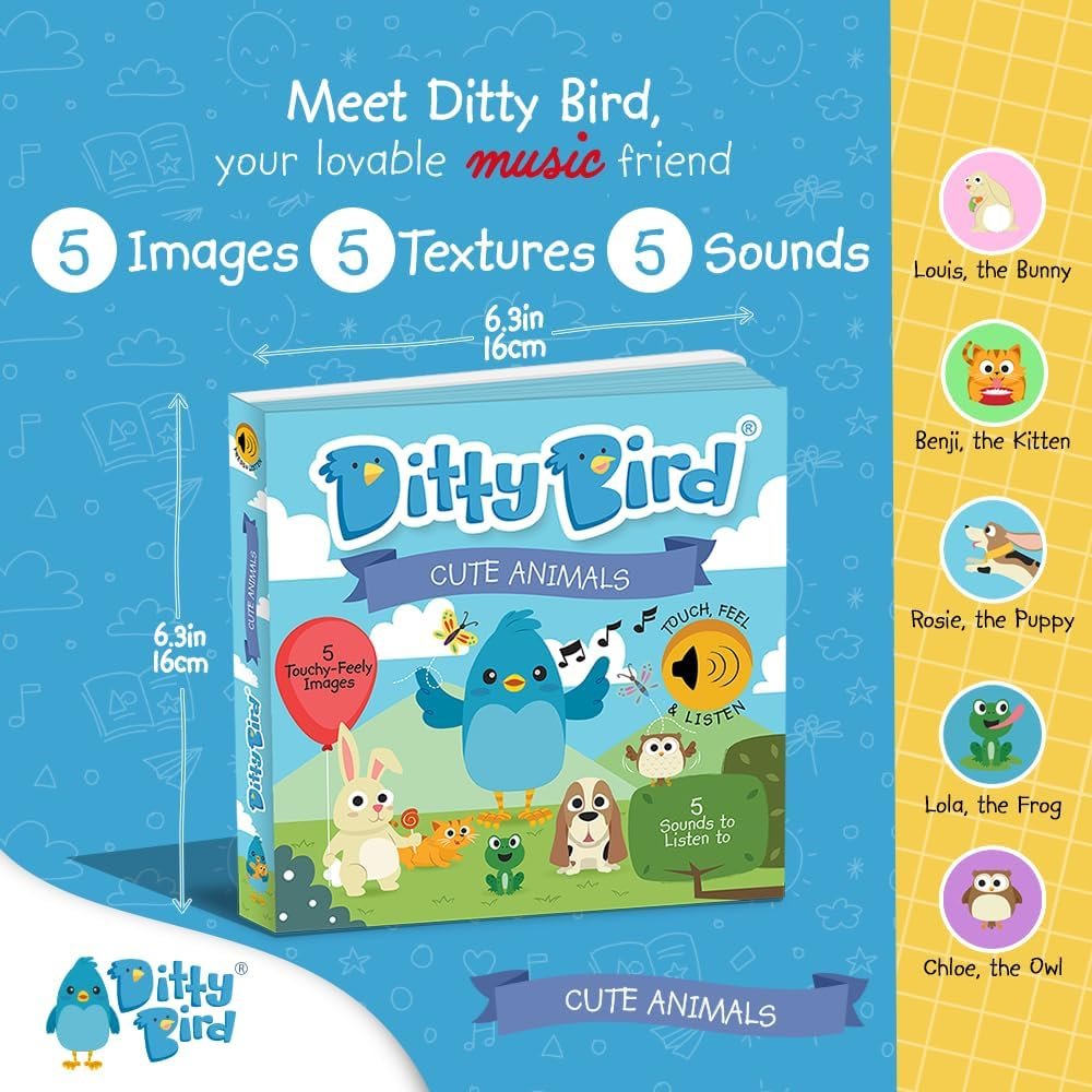 Ditty Bird Touch & Feel Animals Edition Musical Books | Fun Montessori Toys & Learning Resources | Sensory Toys for Kids | Interactive Toddler Books for 1 Year Old to 3 Year Olds | Sturdy Baby Book