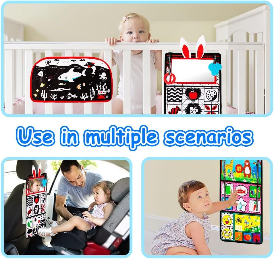 Inbeby Tummy Time Mirror Toy & Play Activity Cinrkle Mat, Black and White High Contrast Baby Newbron Toys 0 3 6 Months Brain Development, Snesory Texture Piano Infant Toys 0 3 6 Months with Squeaker