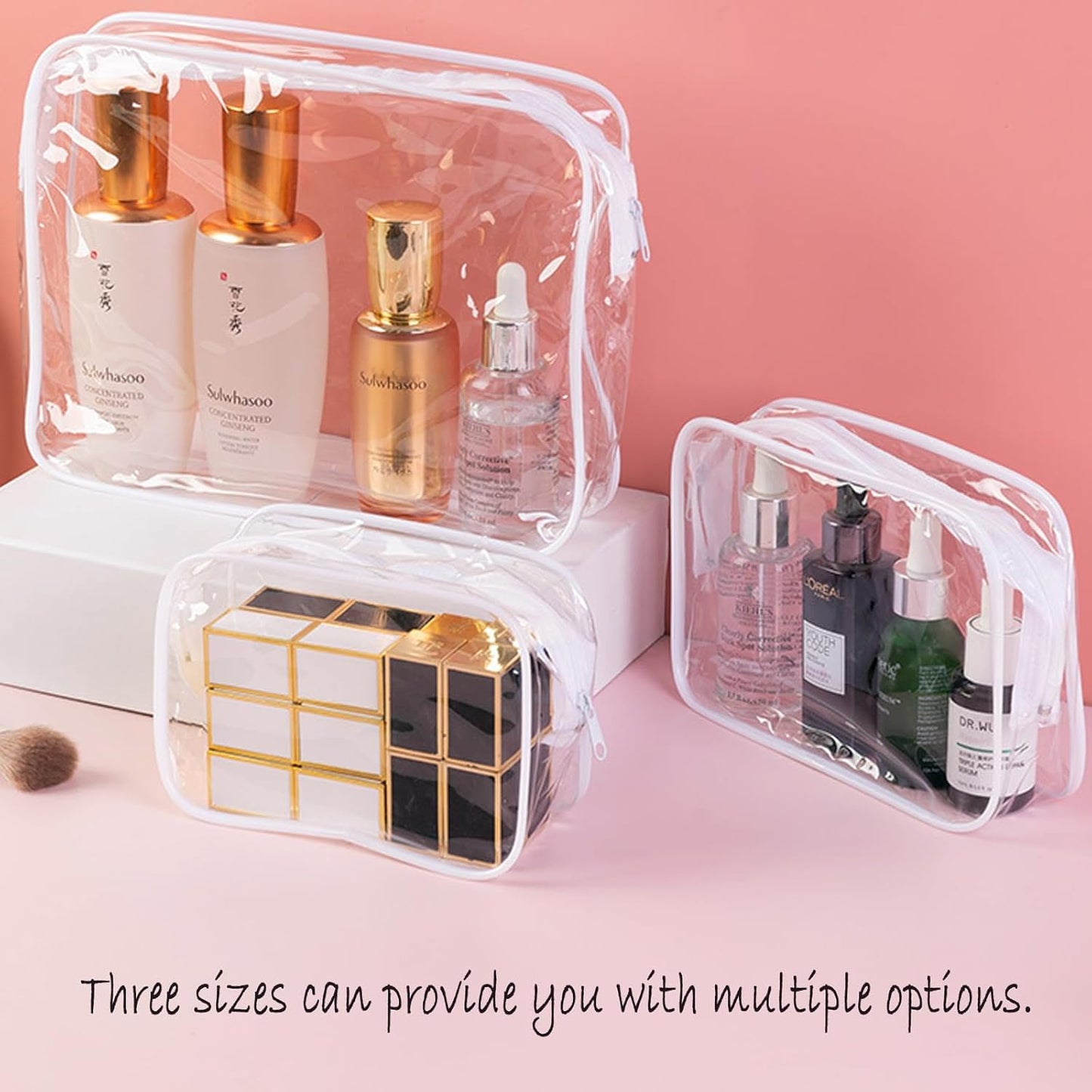 Jotia 3Pcs Clear Toiletry Bags, Clear Cosmetic Makeup Bag with Zippers, TSA Approved Travel Bag Clear Zippered Toiletry Carry Pouch Clear PVC Bags Portable Travel Luggage Pouch (White, S, M, L)