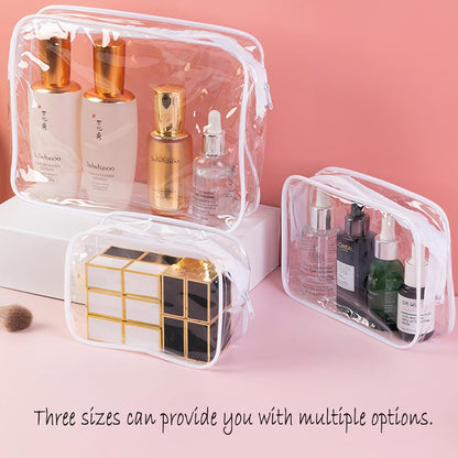 Jotia 3Pcs Clear Toiletry Bags, Clear Cosmetic Makeup Bag with Zippers, TSA Approved Travel Bag Clear Zippered Toiletry Carry Pouch Clear PVC Bags Portable Travel Luggage Pouch (White, S, M, L)