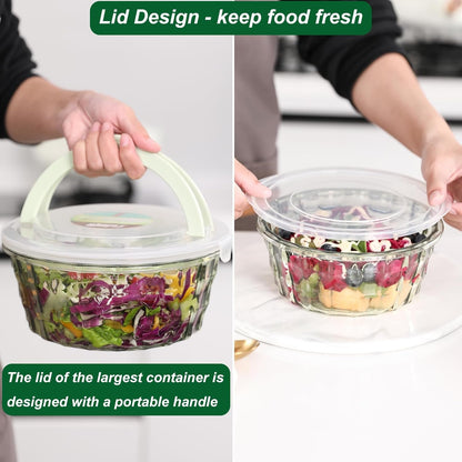 Taiuloo Set of 3 Salad Bowls With Lids & Handles, Food Storage Containers for Meal Prep and Lunch, BPA Free Plastic Serving Bowl Set, Pink
