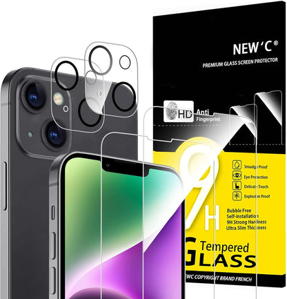 NEW'C 4 Pack, 2 x Glass Screen Protector for iPhone 14 (6.1") and 2 x Camera Lens Protector, Scratch-Resistant, No Air Bubbles, Extremely Durable, 9H Hardness Tempered Glass