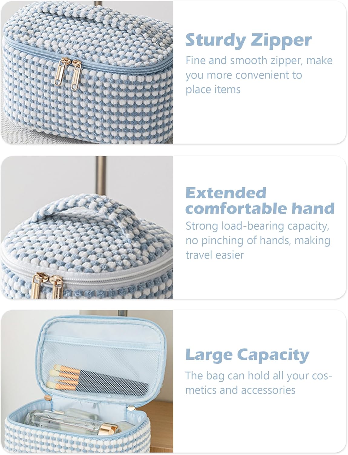 Large Makeup Bag Set, Cute Cosmetic Bag Make up Organizer Case for Women Girls,Wide-Open Pouch Makeup Cosmetic Travel Bag with Handle for Women Purse for Toiletries Accessories Brushes (4 PCS-Blue)