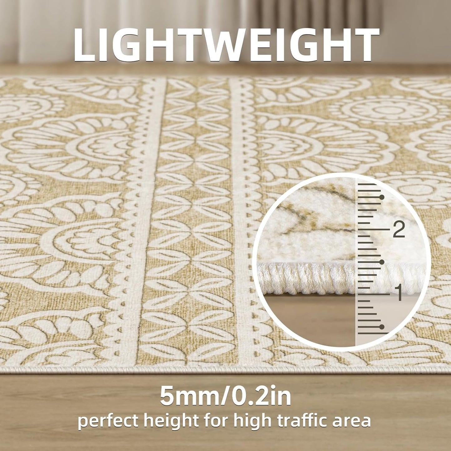 Washable Rugs 5x7 for Living Room Bedroom Under Bed, Tan Boho Aesthetic Floral Print Area Rug for Dining Room Office Kids Nursery Playroom, Farmhouse Distressed Carpet Home Decor, 5x7ft, Brown Cream