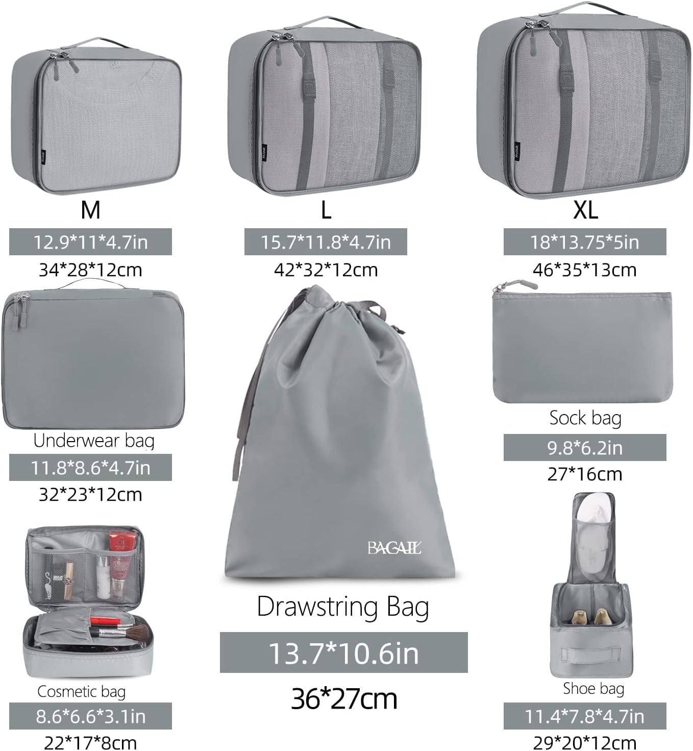 BAGAIL 8 Set Packing Cubes, Lightweight Travel Luggage Organizers with Shoe Bag, Toiletry Bag & Laundry Bag (Pewter Color)