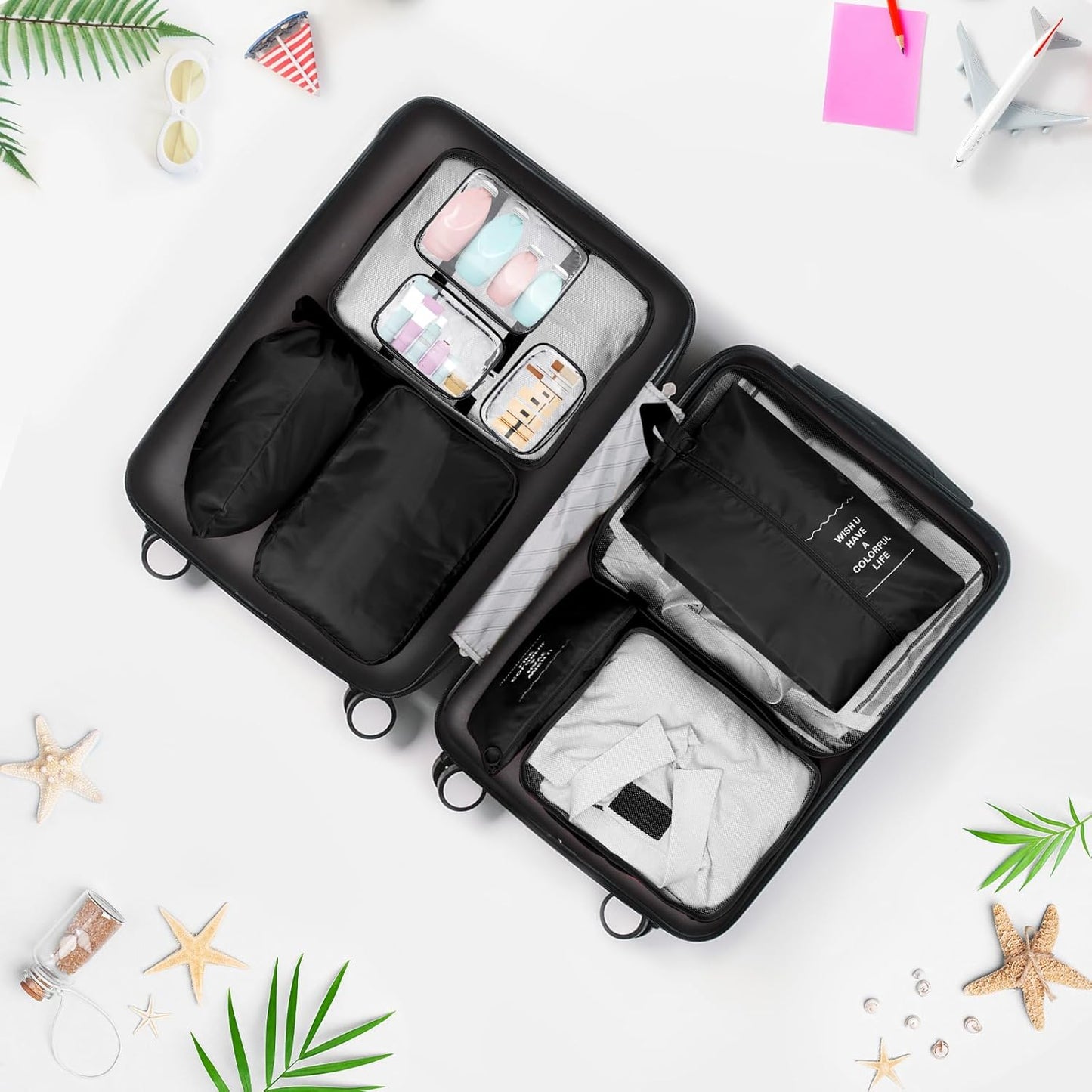 sprecenk Travel Suitcase Organizer 10 Pieces, Large Capacity Travel Organizer Packing Cubes Lightweight Organizer Suitcase Cubes Travel Cube for Clothes Underwear Shoes, Black