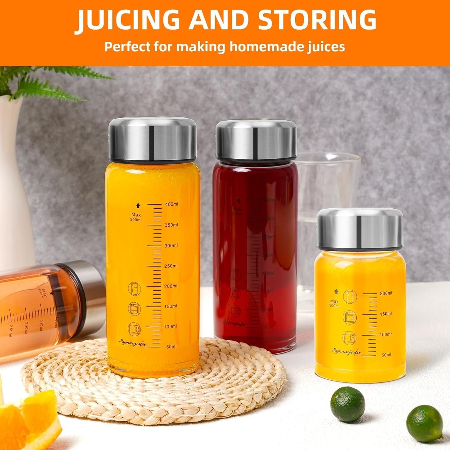 Glass Juice Bottles 4 Pack 12oz/400ml- Wide Mouth Glass Water Bottles with Lids - for Juicing, Smoothies, Milk, Protein, BPA Free, Reusable, Stainless Steel Lids, Leak Proof, Shaker bottle