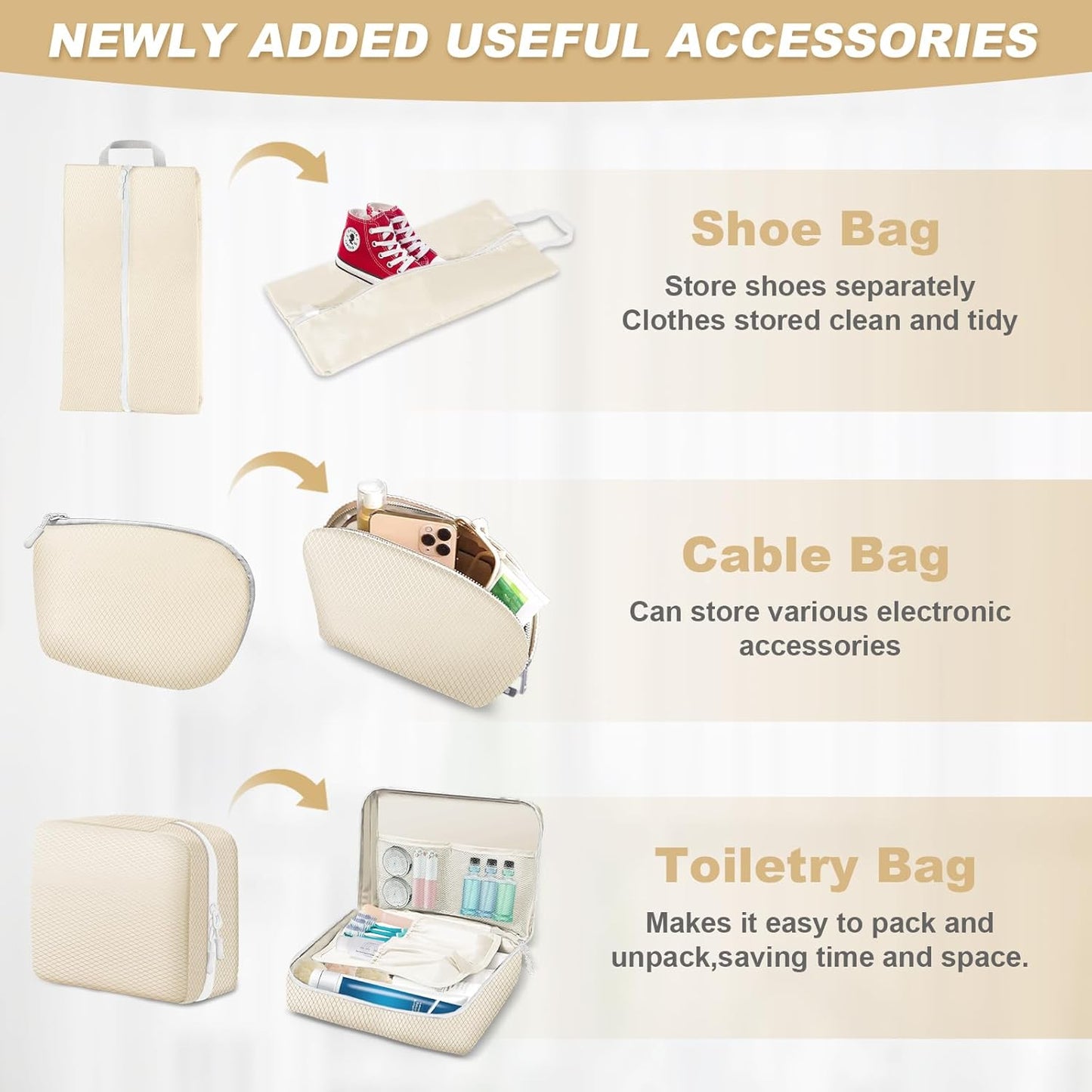 MUUKAIII Luggage Organizer, Set of 8 Compression Packing Cubes, Space-Saving Travel Organizer, Travel Suitcase Organizer, Backpack, Travel Organizer for Clothes Makeup, Beige