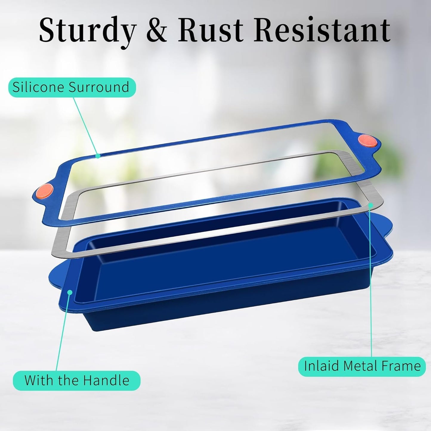 To encounter Silicone Baking Pans Set, 4 Pieces Nonstick Bakeware Set with Baking Pans, Baking Sheets, Cookie Sheets, Cake Pan with Metal Reinforced Frame More Strength, Navy Blue