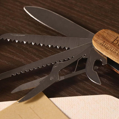 Bireviy Custom Name Multi-Tool Pocket Knife, Engraved Name Text Folding Knife Personalized Multi Function Mini Knives Wooden Handle for Birthday Gifts, Camping, and Everyday Use