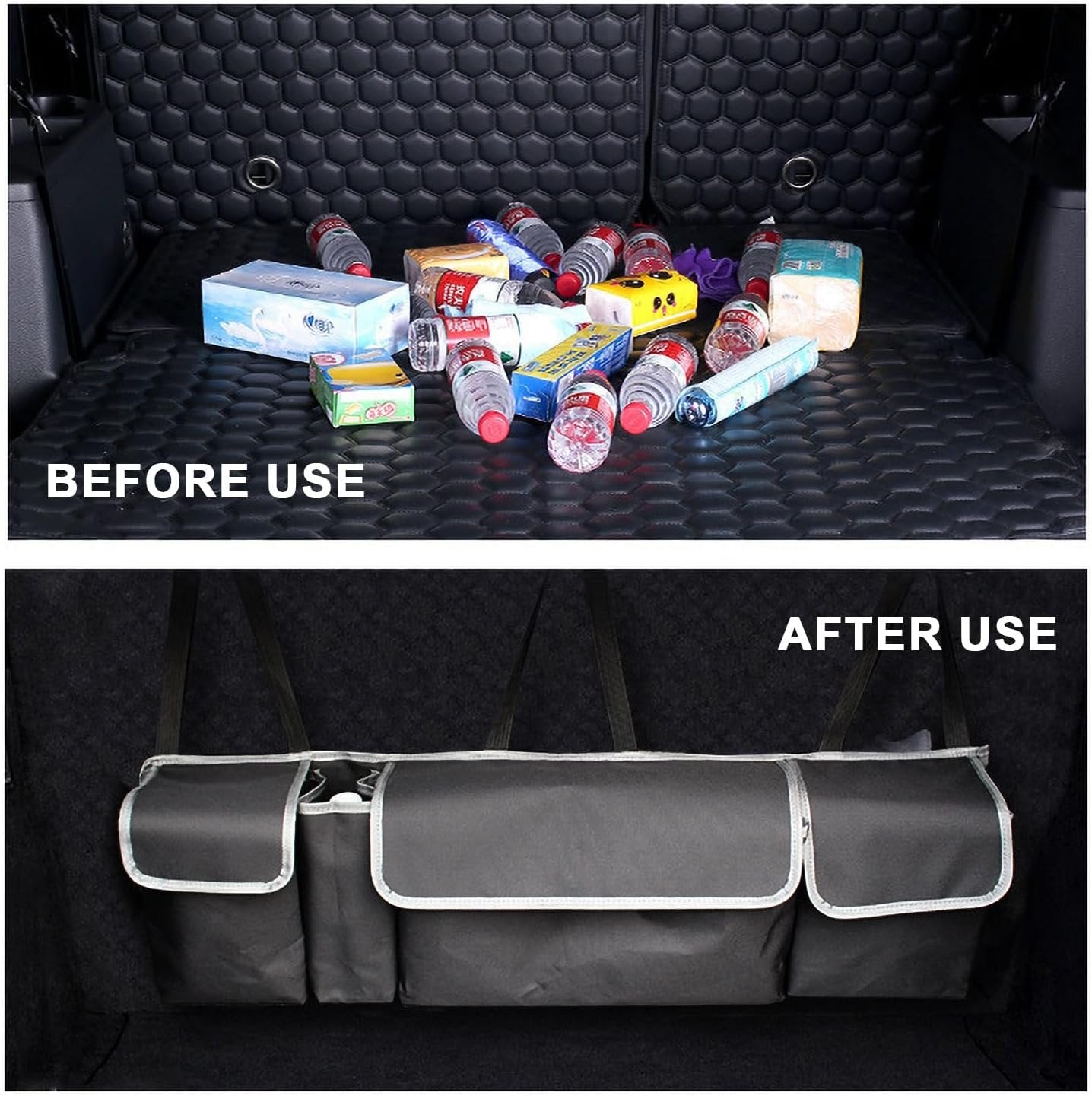 Car Boot Organiser, Car Trunk Organiser, Large Capacity, Hanging Organizer Bag. Car Organizers And Storage, Suitable for Suvs, Trucks, Waterproof, Collapsible Cargo Organizer with 4 Pockets (Black)