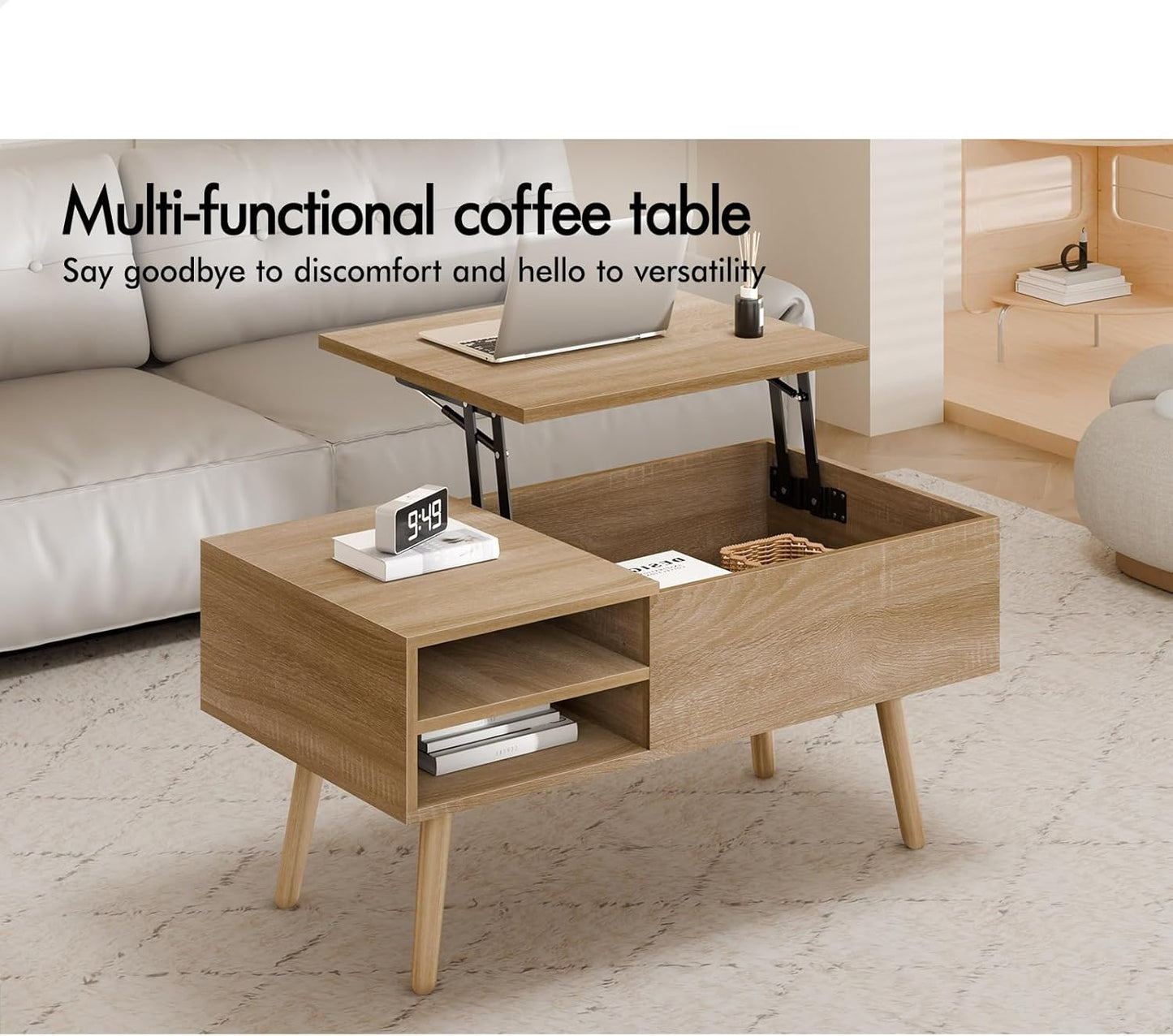 ALFORDSON Lift Tabletop Coffee Table Center Table Wood Color, Living Room Office Reception Dining Table with Rising Top, Hidden Storage and Side Open Shelves