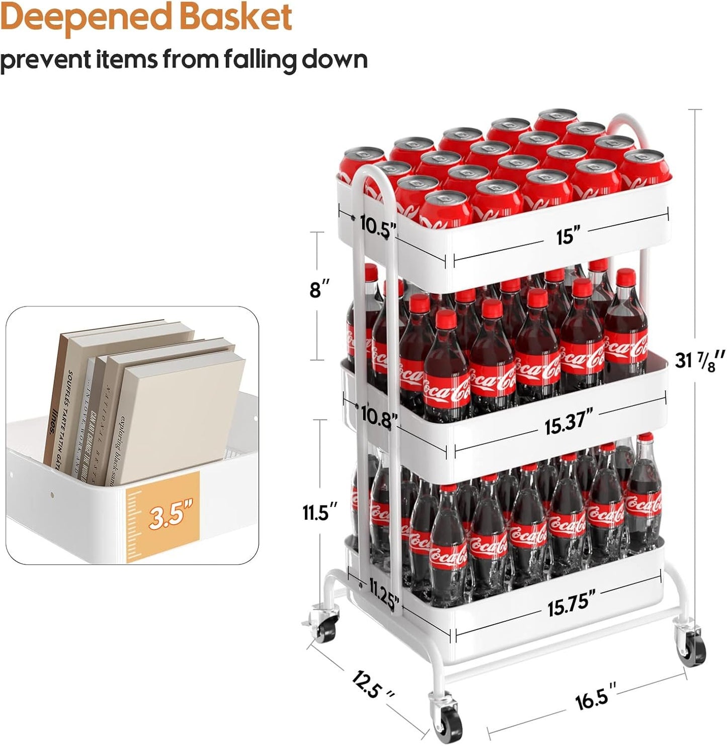 Ceayell 3-Tier Metal Rolling Storage Cart Heavy Duty Utility Cart Organizer with Lockable Wheels (WHT)