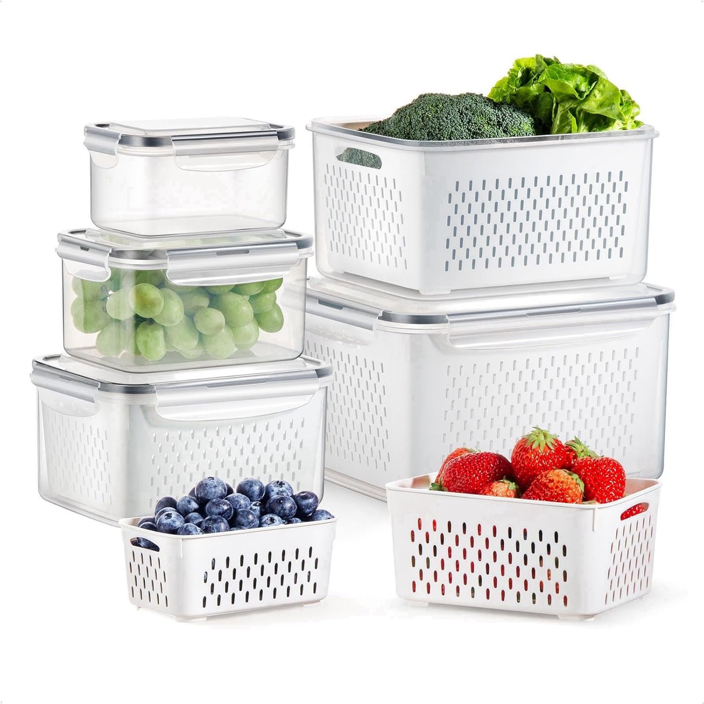 COCOYA 5-Pack Large Fruit Containers for Fridge, Leakproof Produce Storage Keeper with Removable Colander Food Grade BPA FREE Keep Vegetables Berry Veggies Lettuce Banana Meat Food Fresh Longer
