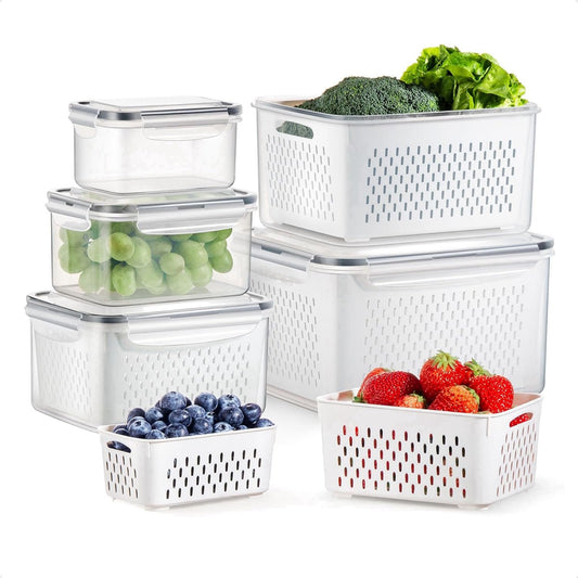 COCOYA 5-Pack Large Fruit Containers for Fridge, Leakproof Produce Storage Keeper with Removable Colander Food Grade BPA FREE Keep Vegetables Berry Veggies Lettuce Banana Meat Food Fresh Longer