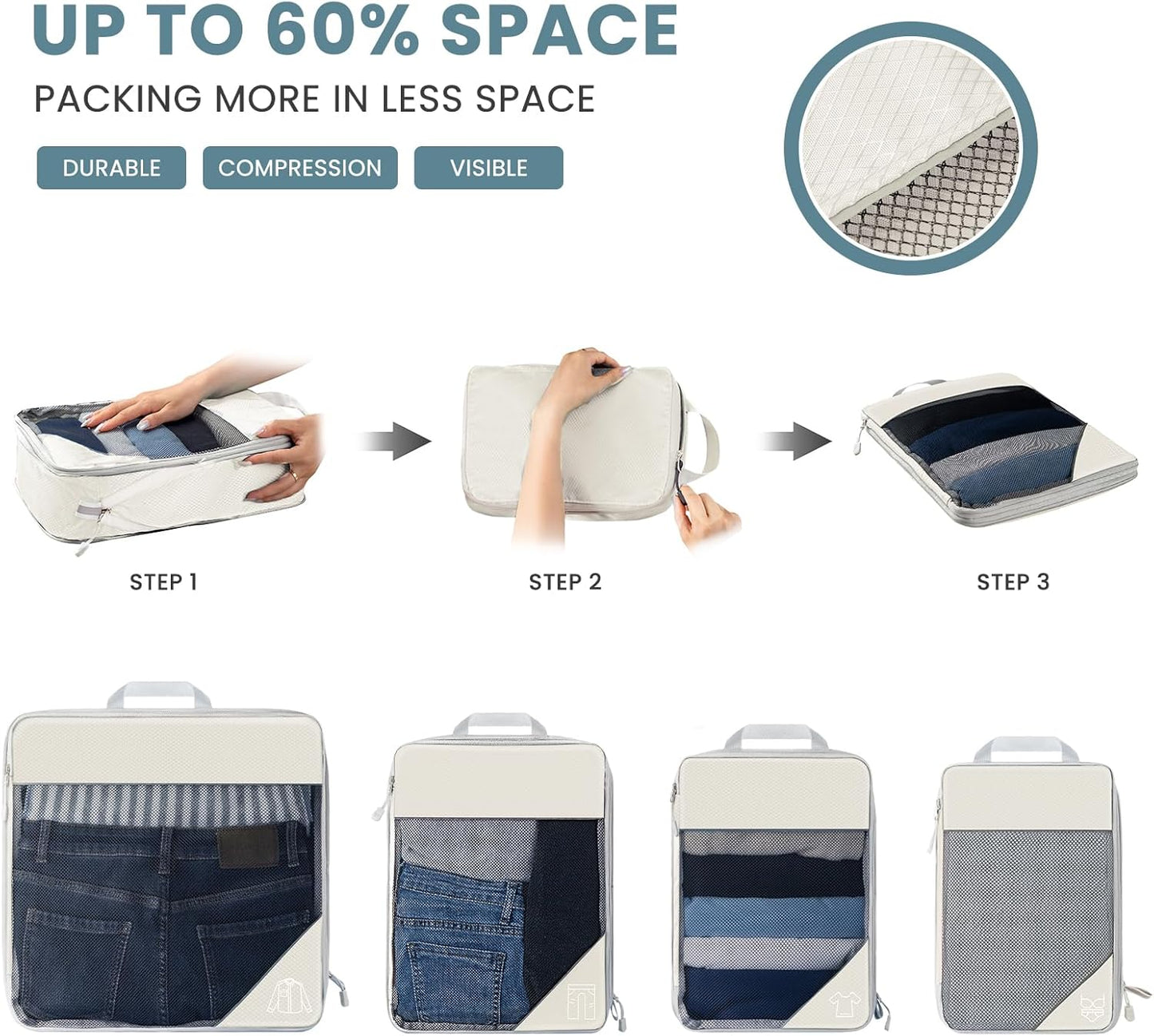 6 Set Ultralight Compression Packing Cubes Packing Organizer with Shoe Bag for Travel Accessories Luggage Suitcase Backpack Travel Accessories Cream