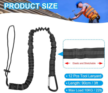 MECCANIXITY Retractable Tool Lanyard 3ft with Single Aluminum Buckle and Adjustable Loop End, Maximum Weight Limit 10KG / 22lb, Safety Fall Protection Tools Leash, Black 12 Pack