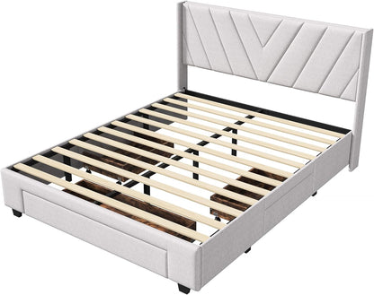 BRILVERDE Upholstered Bed, 160 x 200 cm, Double Bed with 3 Drawers, Solid Wood Bed with Headboard, Junior Bed, No Mattress, Beige (160 x 200 cm)