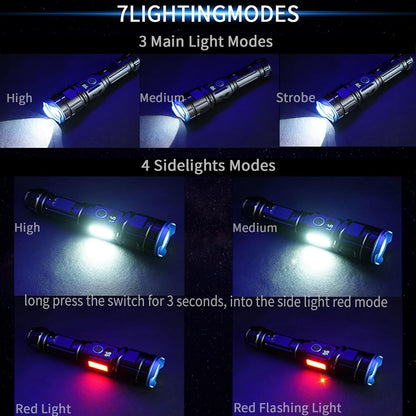 GIIGOEMY Rechargeable High Brightness 10000 Lumens Super Bright LED Tactical Flashlight with White + Red Side Light Flash Function, Tail Cap with Magnet, High Power
