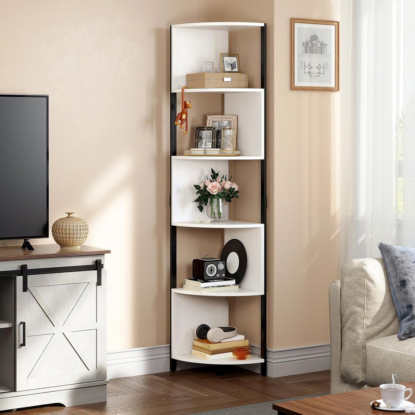 YITAHOME 6 Tier Corner Shelving Unit 175cm Tall Modern Chevron Corner Bookcase with 6 Shelves for Living Room Home Office Small Space White