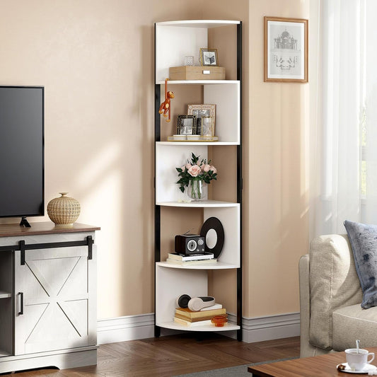 YITAHOME 6 Tier Corner Shelving Unit 175cm Tall Modern Chevron Corner Bookcase with 6 Shelves for Living Room Home Office Small Space White