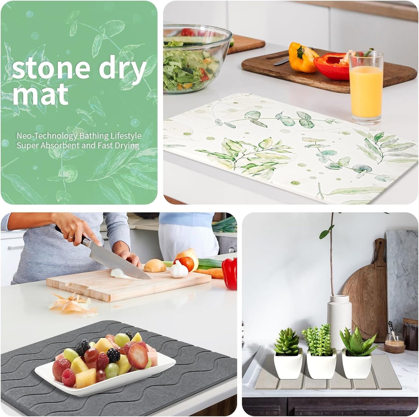 Foldable Grey Stone Drying Mat for Kitchen Counter - Extra Absorbent 16x12inch Dish Quick Dry Mat with Non-slip Diatomaceous Earth Surface