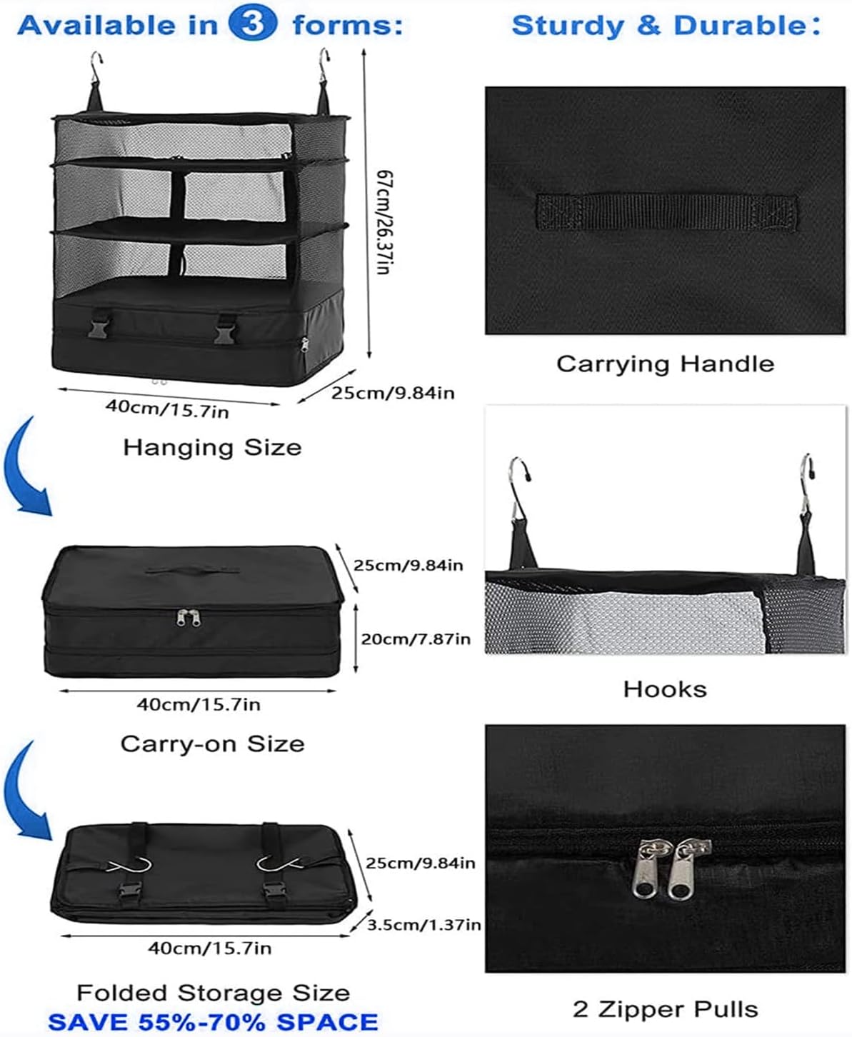 SAHENITEANA 3-Shelf Suitcase Packing Cubes Organizer with 2 Hooks, Portable Hanging Travel Shelves Bag, Large Capacity Collapsible Closet Storage Bag Space Saver for Wardrobe Suitcase Carry On