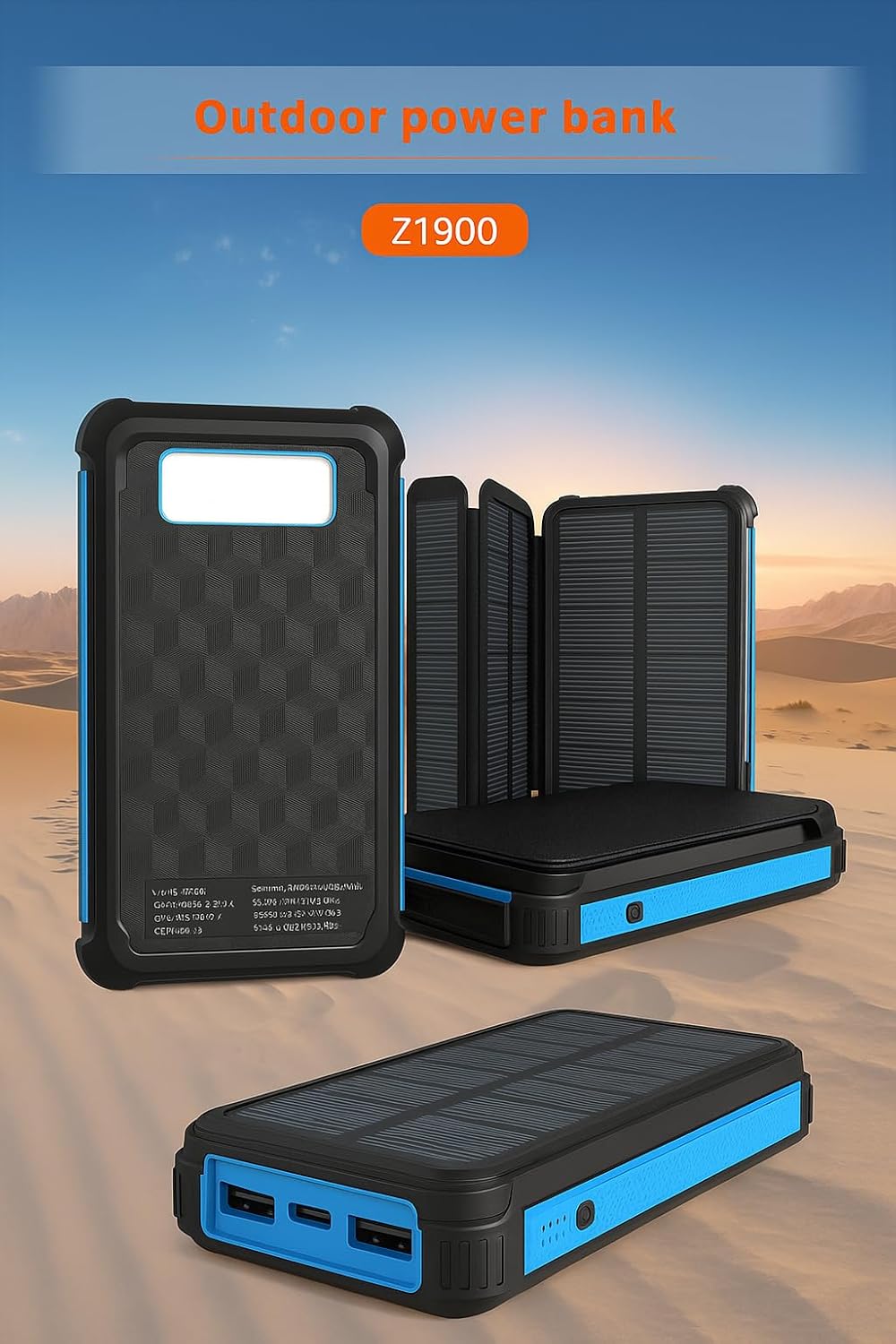 Yukaione 16000mAh Solar Power Bank with LED Light, Foldable 3-Panel Solar Charger, 5W Wireless Charging, USB-C Output, Waterproof Dustproof Shockproof Portable Battery (Blue)