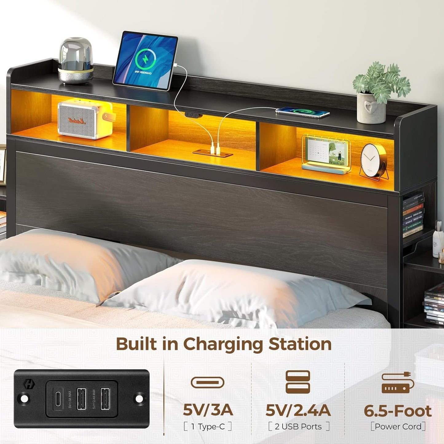 Rolanstar Bed Frame Queen Size with Bookcase Storage Headboard, Slide Out Bedside Storage Table, Bed with Charging Station & LED Lights, Heavy Duty Metal Slats, No Box Spring Needed, Noise Free, Black