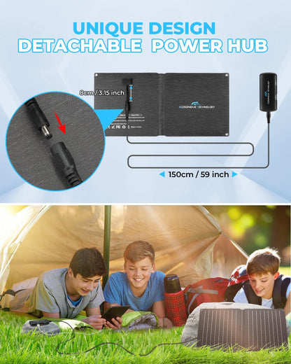 Ecosonique 10W / 20W / 30W Portable Solar Panel Charger, IP67 Waterproof ETFE USB Solar Phone Charger with Detachable Power HUB, 2023 Latest Version Compatible with iPhone, Power Bank, Smartwatch