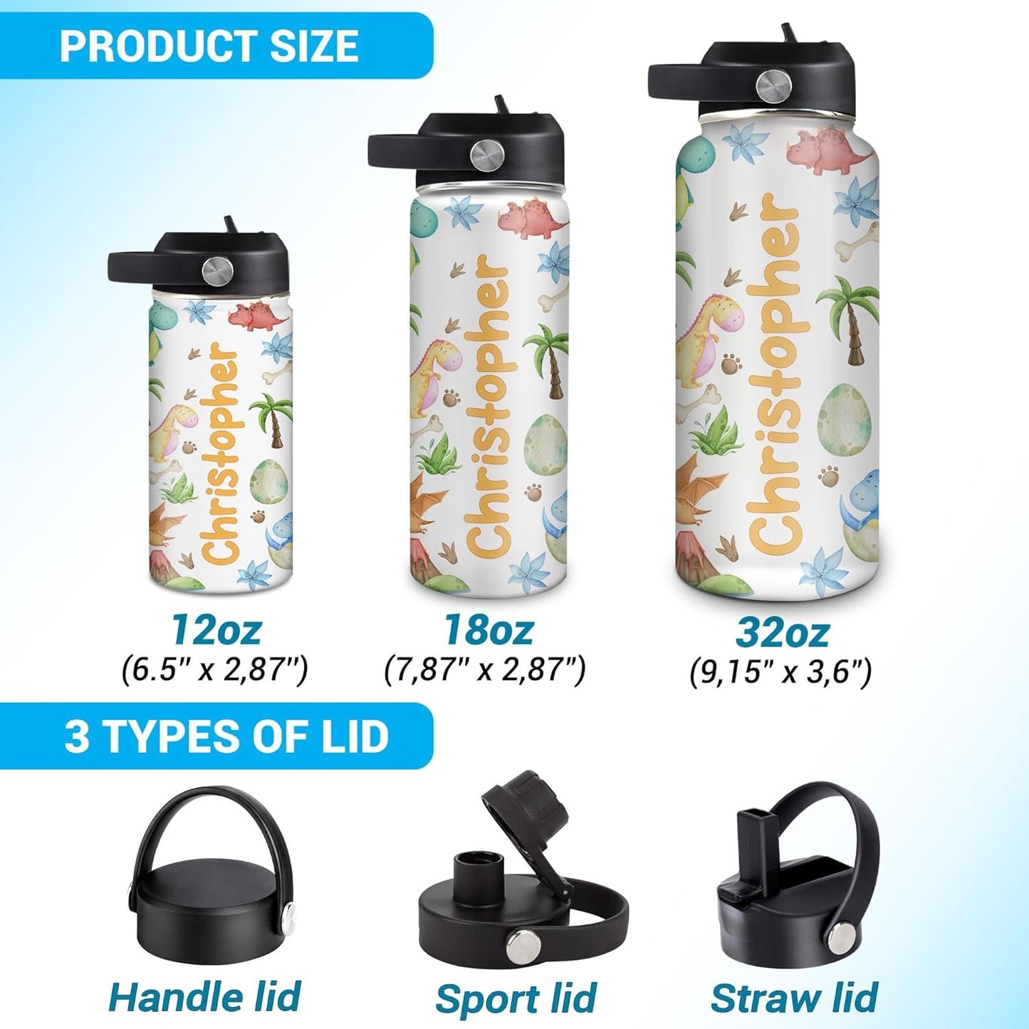 Hyturtle Personalized Dinosaur Water Bottle, Customized Name Dino Stainless Steel Insulated Sports Bottles Drinking Cups For Kids Toddler Boys Girls Back To School Cup With Lid 12 oz 18 oz 32 oz
