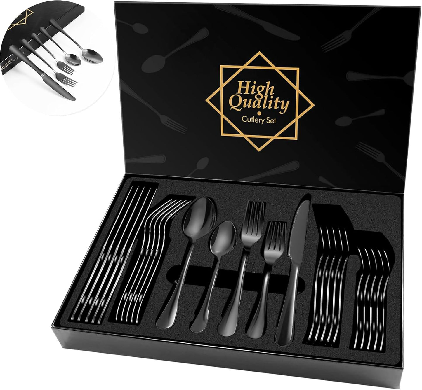 Black Cutlery Set, 30 Piece Stainless Steel Dinnerware Set, Flatware Set Service for 6, Silverware Utensil Set with Knife, Fork, Spoon, Dessertspoon, Use for Home, Restaurant and Gift with Gift Box