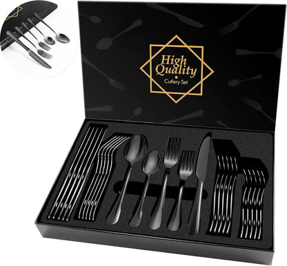 Black Cutlery Set, 30 Piece Stainless Steel Dinnerware Set, Flatware Set Service for 6, Silverware Utensil Set with Knife, Fork, Spoon, Dessertspoon, Use for Home, Restaurant and Gift with Gift Box