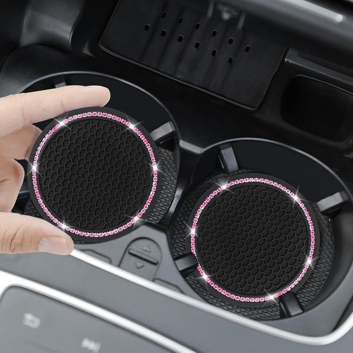 4 Pack Car Coasters, Universal Vehicle Bling Car Coaster, Crystal Rhinestone Coaster for Cup Holders,Interior Accessories 2.75'' Silicone Anti Slip Car Coasters for Women (Pink Crystal Circle)