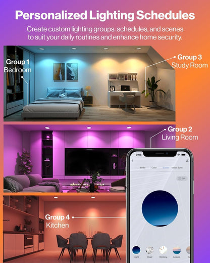 Sunco 4 Pack LED Recessed 6 Inch, Smart RGBW Color Changing Can Lights, High Brightness 1200 LM, 14W, Retrofit Installation, Compatible with Amazon Alexa & Google Assistant - UL.