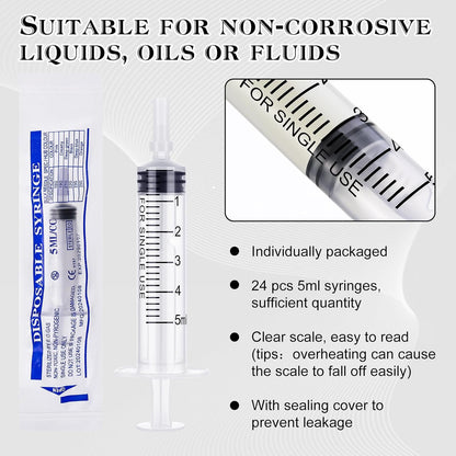 Guiqulai 24 Pack 5ML Plastic Syringes Without Needle Individual Wrap Disposable Syringes with Cap for Scientific Lab Watering Glue Applicator Measuring Liquids Feeding Pets DIY Crafts
