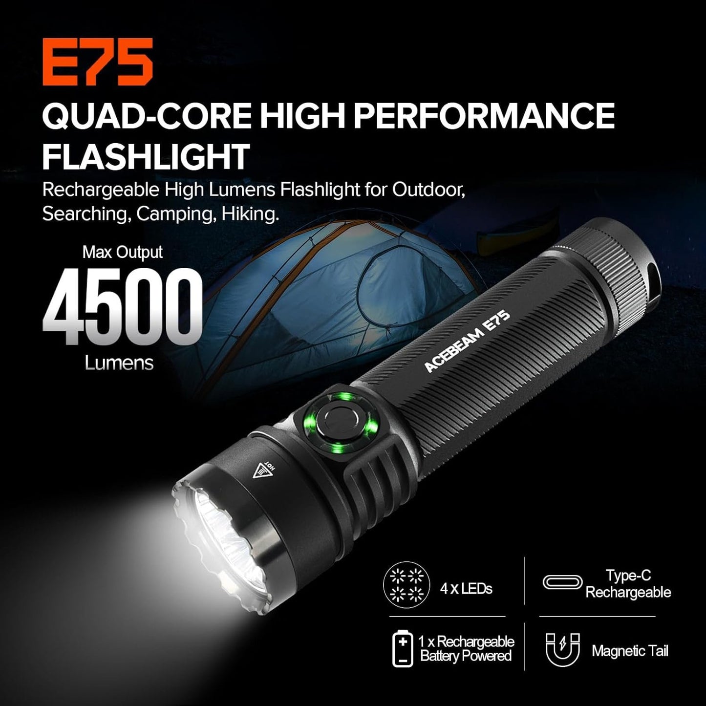ACEBEAM E75 4500 High Lumens Flashlight with Magnetic Base, Super Bright LED Flashlight Rechargeable, IPX8 Water-Resistant Tactical EDC Flash Light, 26 Days Super Long Lasting for Camping,Everyday Use