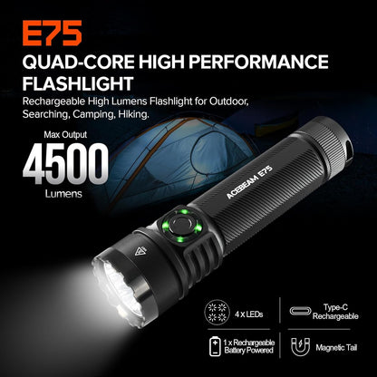 ACEBEAM E75 4500 High Lumens Flashlight with Magnetic Base, Super Bright LED Flashlight Rechargeable, IPX8 Water-Resistant Tactical EDC Flash Light, 26 Days Super Long Lasting for Camping,Everyday Use
