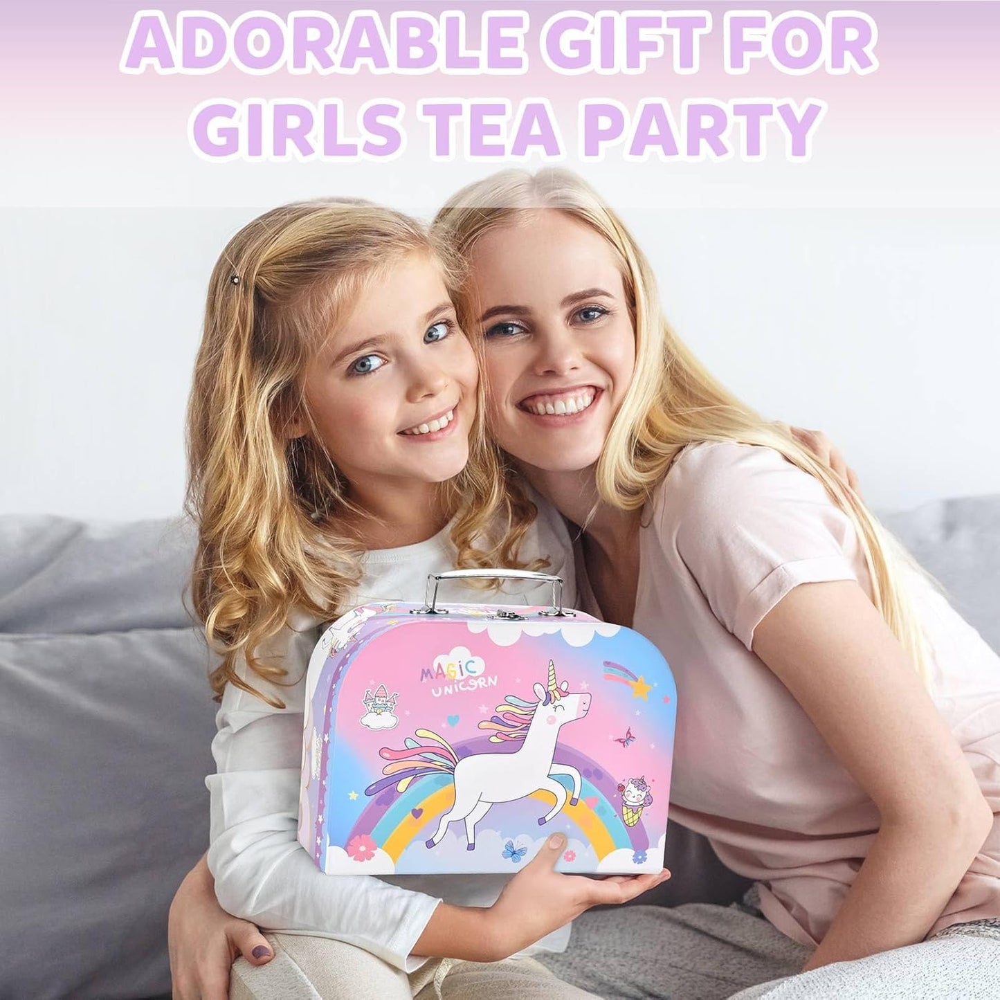 Astraio Unicorn Tea Party Set, 44PCS Pretend Plastic Teapot Set with Dessert, Carrying Case for Little Girls Age 3-12