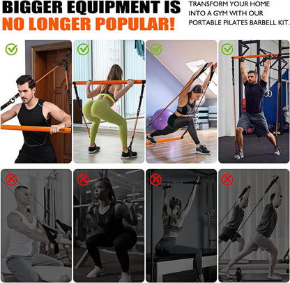 Pilates Bar Kit with Resistance Bands, Portable Pilates Equipment for Legs, Hip, Waist, Arm, Squats Exercise Equipment for Home Gym Workouts, Adjustable Pilates Bar Set for Full Body Workouts
