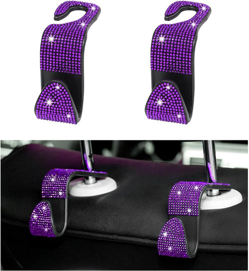 Augeny 2 PCS Bling Car Seat Headrest Hooks, Crystal Rhinestone Back Seat Hanging Storage Organizer, Auto Purse Bags Hanger, Universal Vehicle Interior Accessories for Women Girls (Purple)