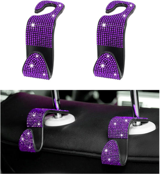Augeny 2 PCS Bling Car Seat Headrest Hooks, Crystal Rhinestone Back Seat Hanging Storage Organizer, Auto Purse Bags Hanger, Universal Vehicle Interior Accessories for Women Girls (Purple)