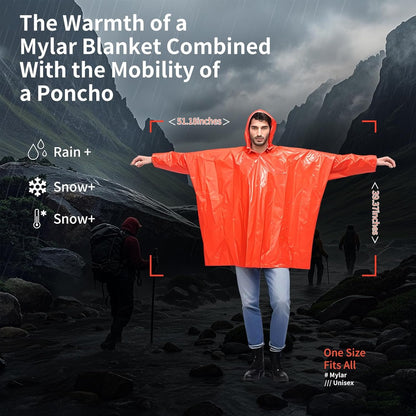 Survival Kit Emergency Blanket & Poncho - Waterproof Windproof Rain Poncho with Mylar Liner for Camping & Hiking Equipment, Outdoor Gear, Car Emergencies（4 Pack）